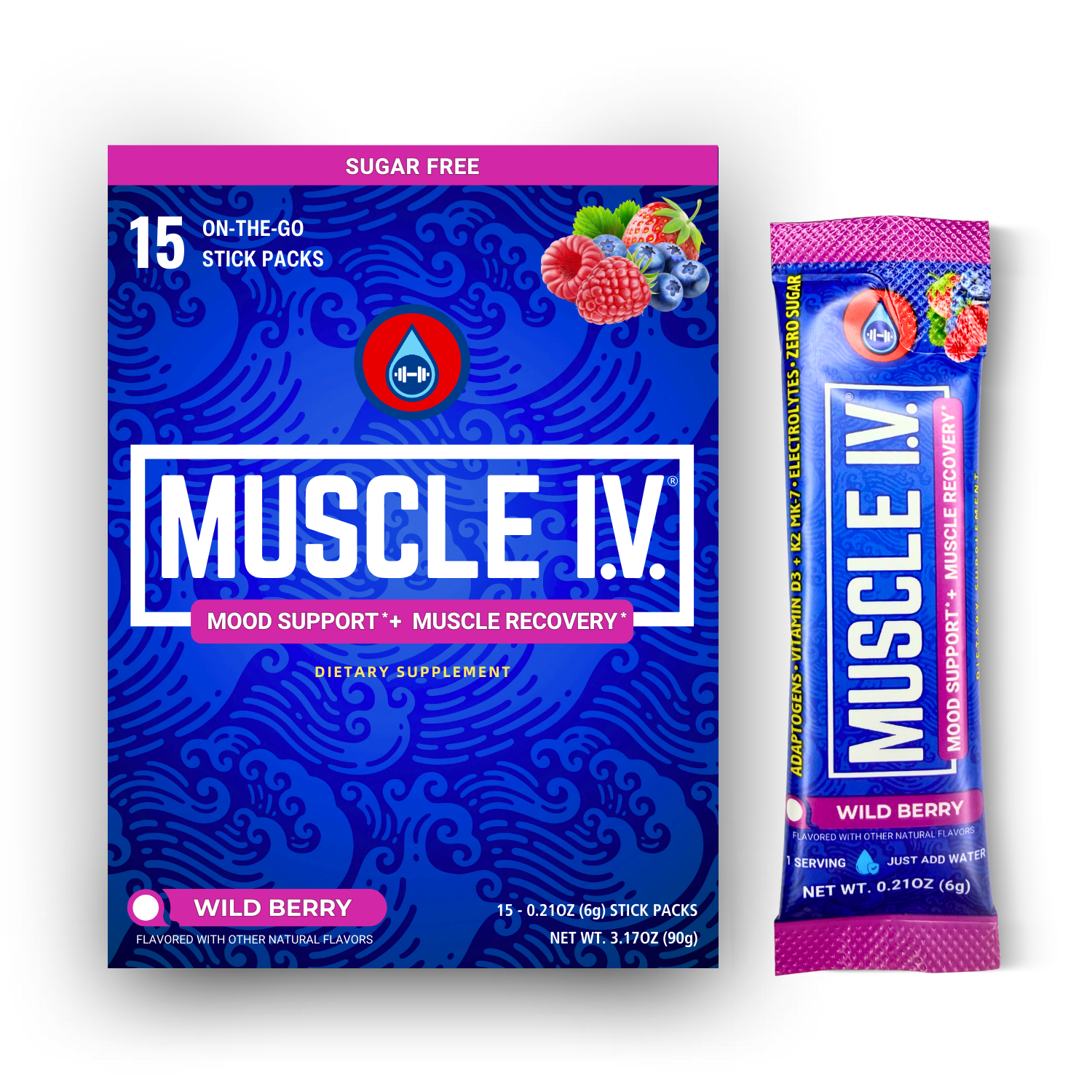 MUSCLE I.V.® Mood + Muscle Recovery – Zero Sugar Calm Focus, Sleep Support, Cortisol Reducer Drink Mix, KSM-66® Ashwagandha, L-Theanine, Magnesium Glycinate, Vitamin D3 + K2 MK-7 & Electrolytes, 15 Ct Wild Berry flavor